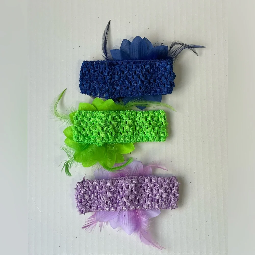 Set of 3 Stretchy Toddler Kids Headbands Floral Glitter Feather